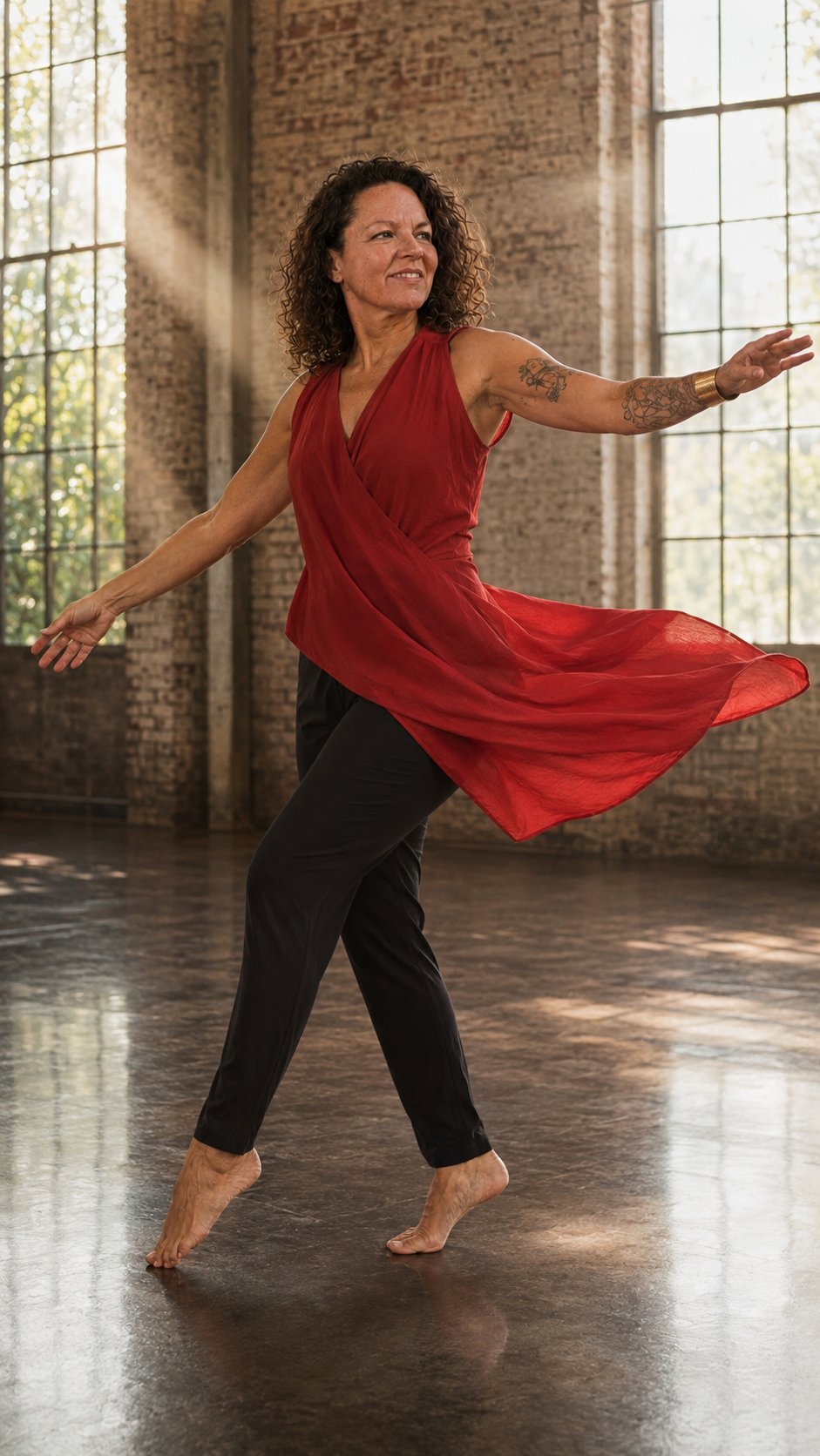 Sonia Cointe danse dans une salle lumineuse, vêtue de rouge et de noir.